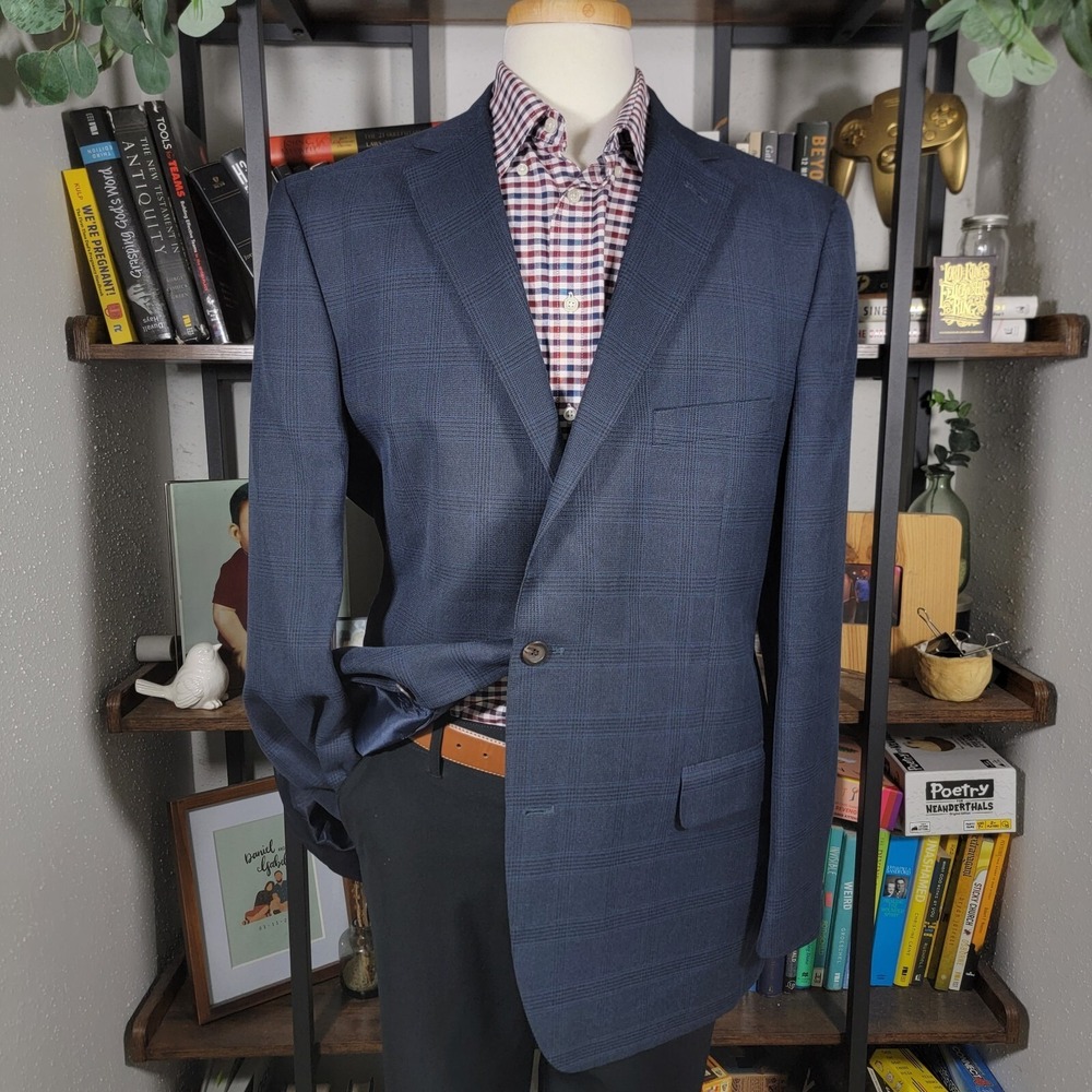 Club Room Men's Sport Coat Blazer Two Button Navy Blue Plaid Polyester Blend 46L